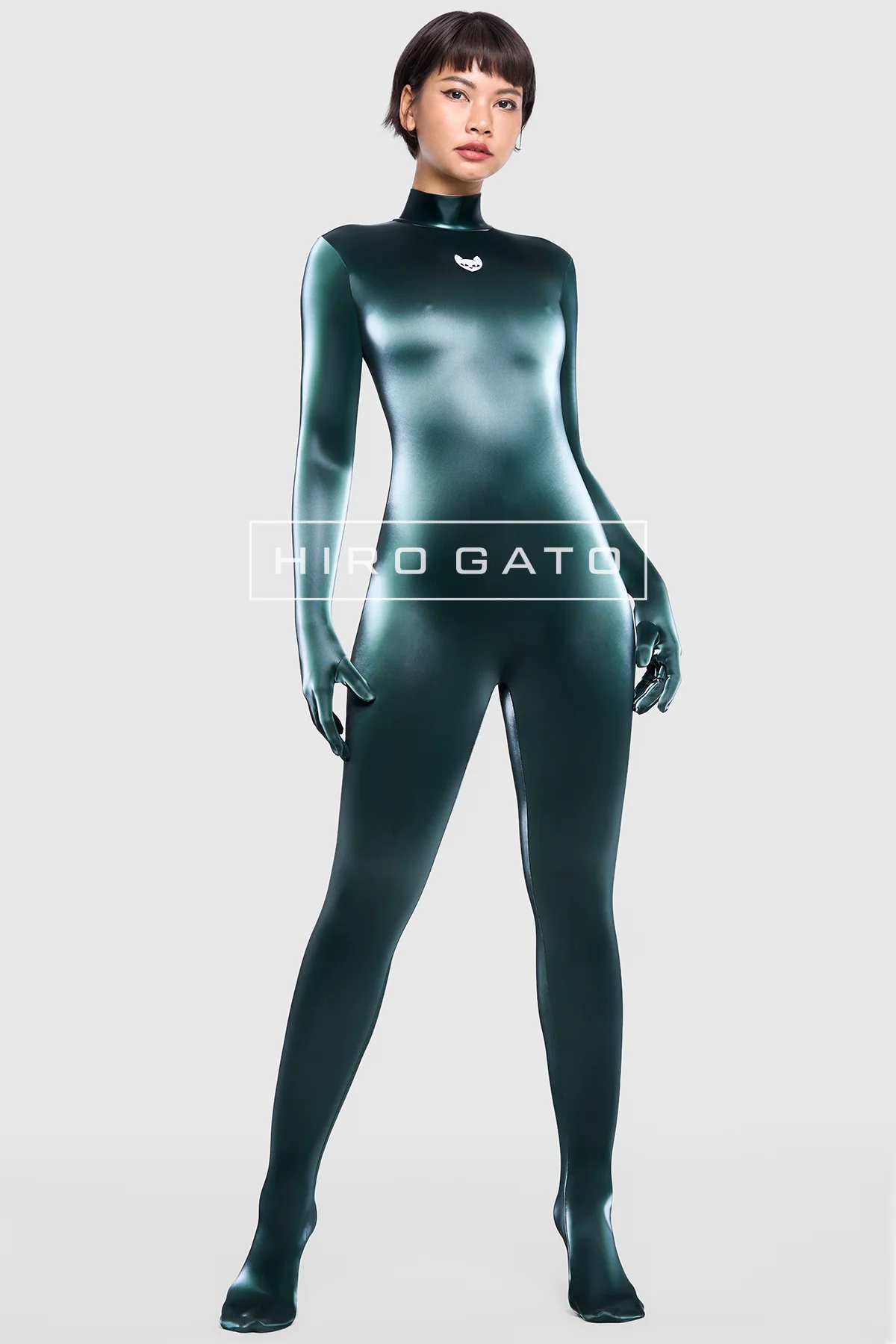 Sharkskin PU Spandex Catsuit  Emerald view 2