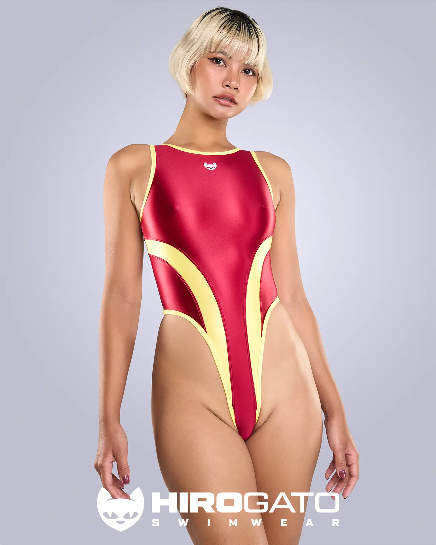'Supernova B' One Piece Thong Swimsuit Persian Red and Neon Yellow view 4