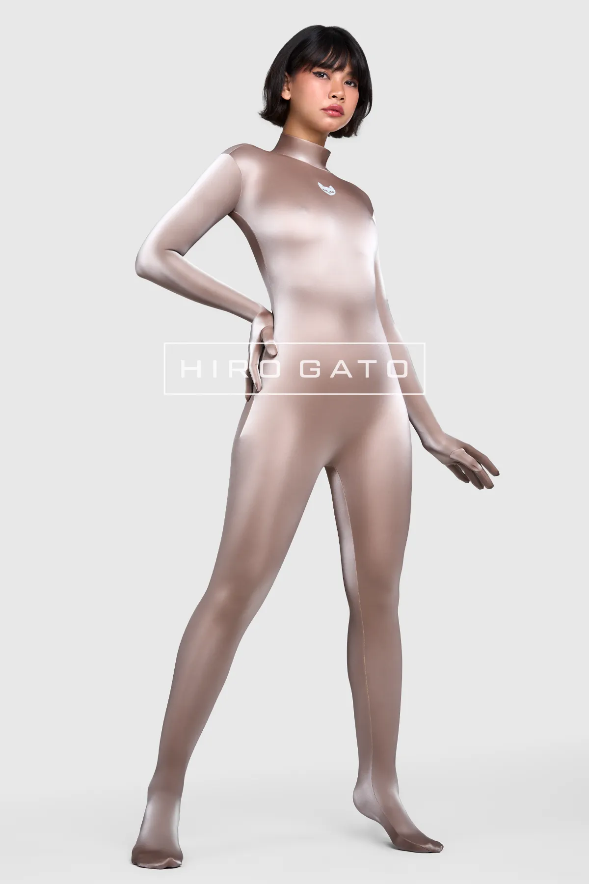 Sharkskin PU Spandex Catsuit  Champagne view 2